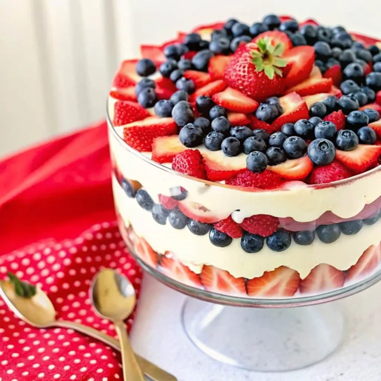 A close-up of a layered berry trifle in a glass pedestal bowl, featuring blueberries, strawberries, and a thick cream layer.