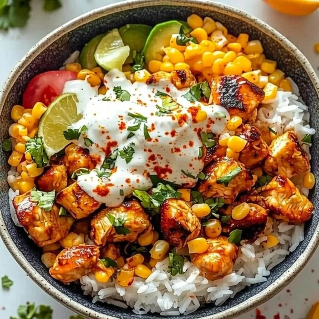 Overhead view of an easy chicken burrito bowl recipe with seasoned grilled chicken, white rice, sweet corn, lime wedges, and a dollop of sour cream dusted with paprika.