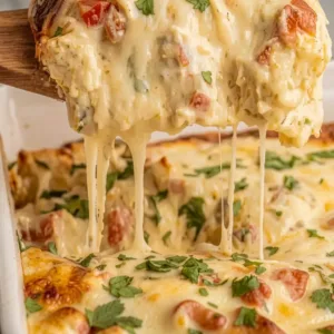A wooden spatula lifting a portion of a creamy cheesy chicken casserole with diced tomatoes and fresh parsley, creating a long cheese pull.