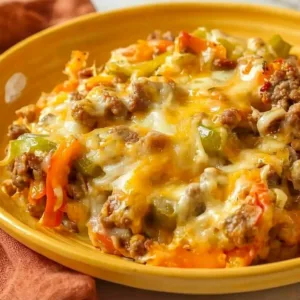 Close up of a keto stuffed pepper casserole with seasoned ground beef, sliced orange and green bell peppers, and melted cheese on a yellow plate.