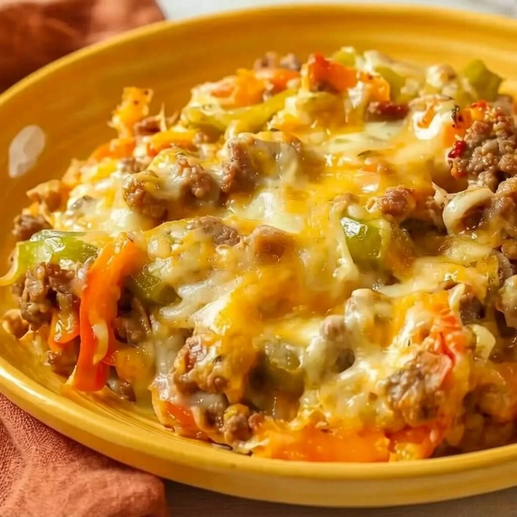 Close up of a keto stuffed pepper casserole with seasoned ground beef, sliced orange and green bell peppers, and melted cheese on a yellow plate.