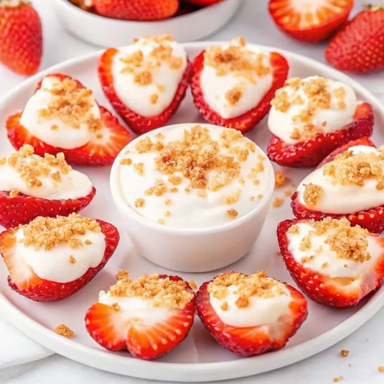 A white plate arranged with no bake cheesecake stuffed strawberries garnished with graham cracker crumbs around a central dip bowl.