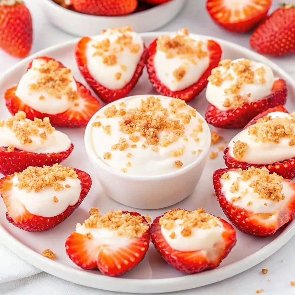 A white plate arranged with no bake cheesecake stuffed strawberries garnished with graham cracker crumbs around a central dip bowl.