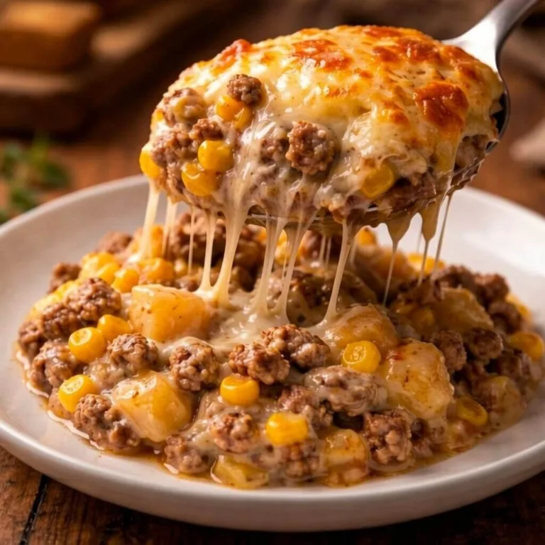 A large metal spoon lifting a portion of cheesy cowboy casserole with ground beef, potatoes, and corn, showcasing a long cheese pull.