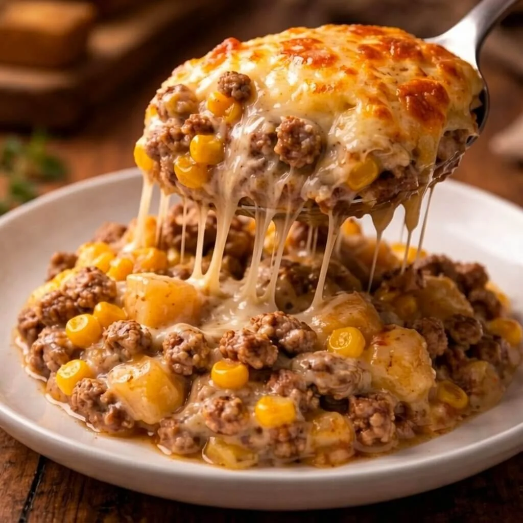 A large metal spoon lifting a portion of cheesy cowboy casserole with ground beef, potatoes, and corn, showcasing a long cheese pull.