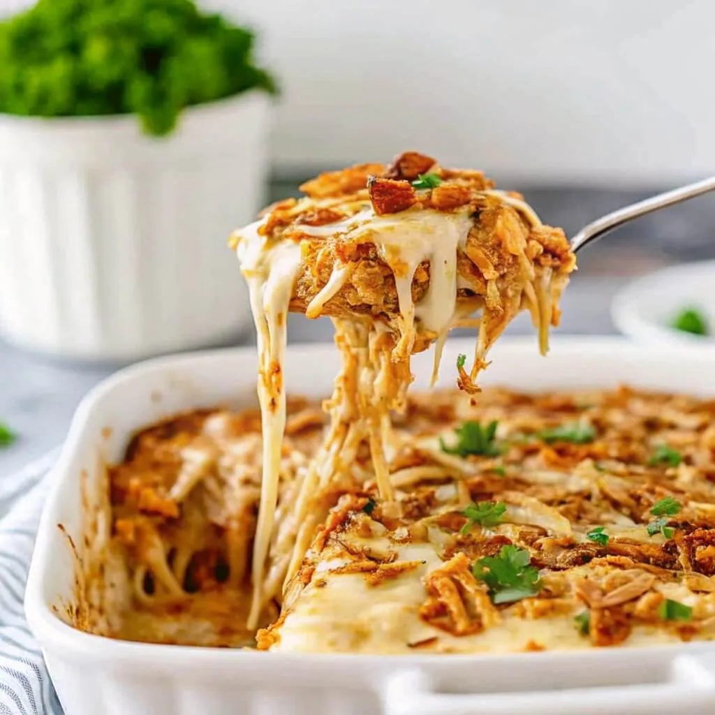 A close-up action shot of a spoon lifting shredded chicken smothered in a creamy sauce and melted cheese from a white baking pan.