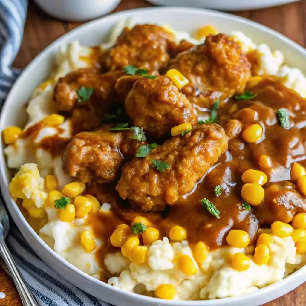 Homemade chicken nugget mashed potato bowl topped with sweet corn and brown gravy in a white ceramic dish.