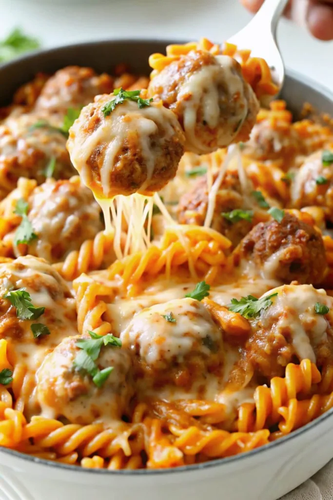 A fork lifting a juicy meatball covered in melted cheese from a rotini pasta bake with a dramatic cheese pull.