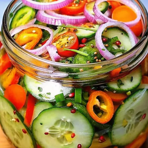 A glass jar filled with vibrant pickled vegetables including sliced cucumbers, red onions, cherry tomatoes, and peppers in a seasoned brine.