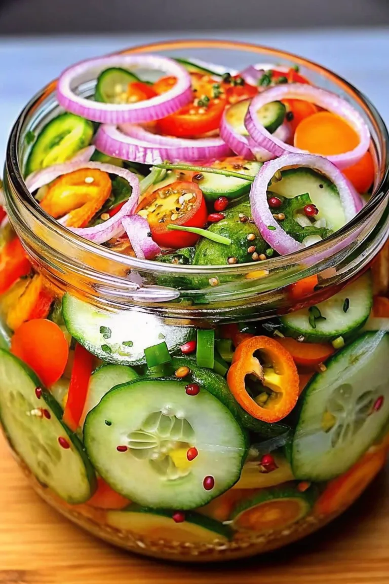 A glass jar filled with vibrant pickled vegetables including sliced cucumbers, red onions, cherry tomatoes, and peppers in a seasoned brine.