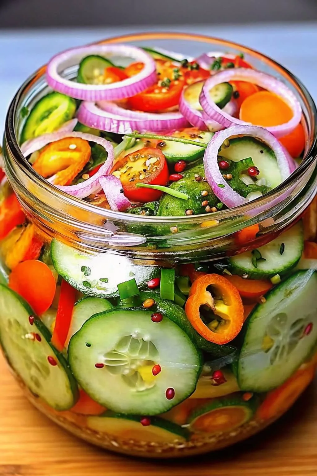 A glass jar filled with vibrant pickled vegetables including sliced cucumbers, red onions, cherry tomatoes, and peppers in a seasoned brine.