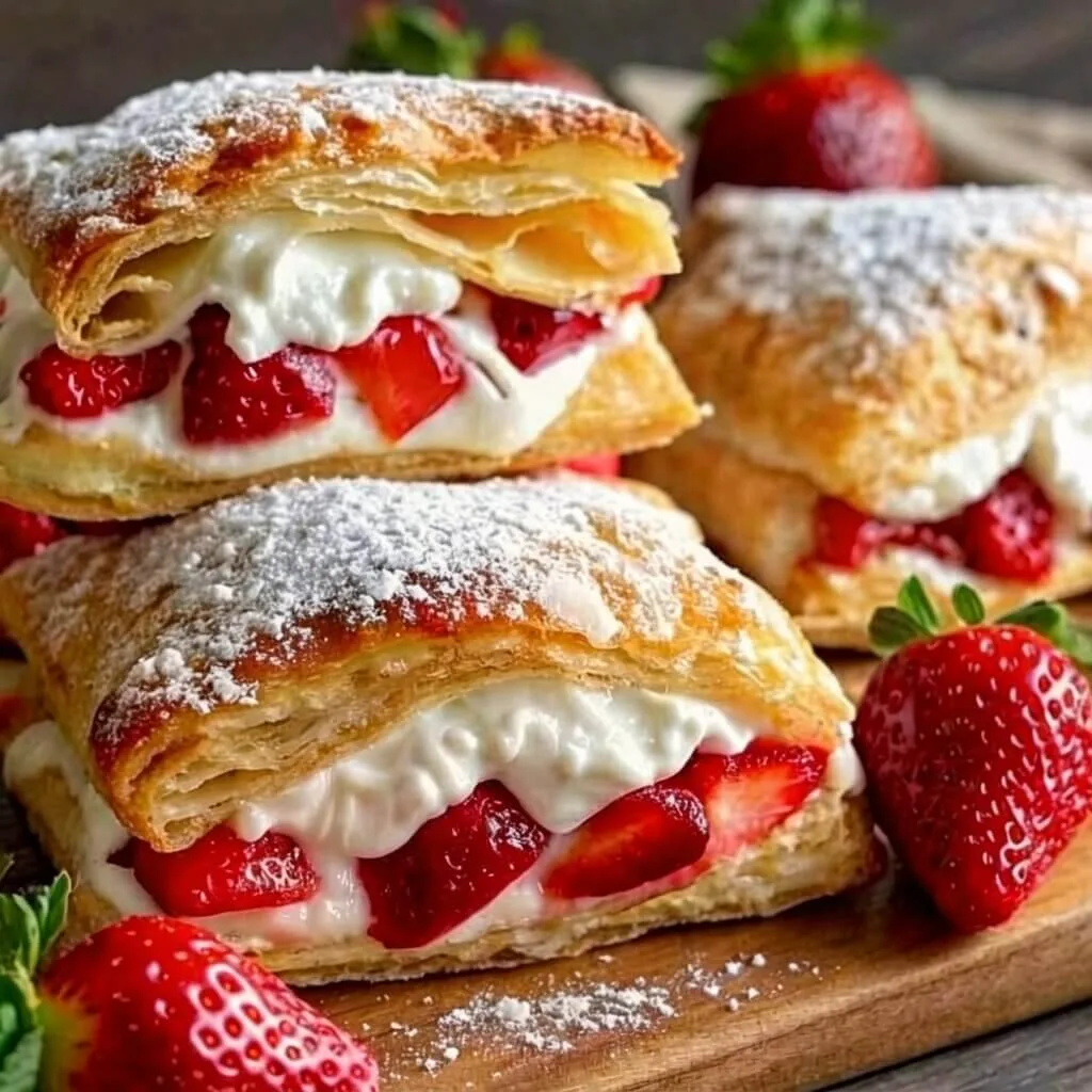Angled food photography of homemade strawberry cream danish pastries on a wooden board next to whole fresh berries.