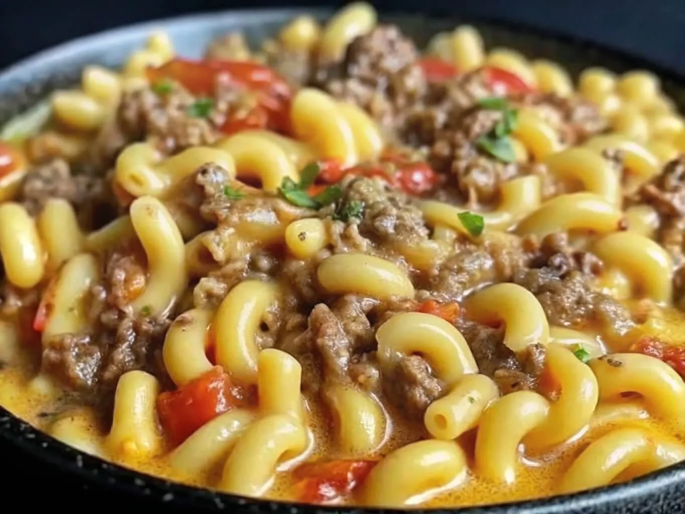 Homemade hamburger helper copycat pasta skillet with elbow macaroni, ground beef, and a rich cheddar cheese sauce.