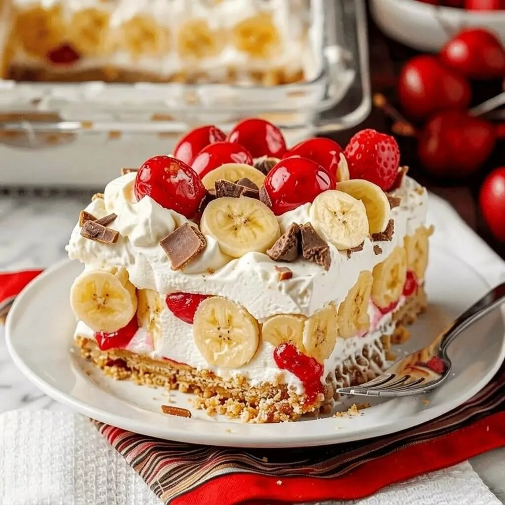 An angled profile shot of a banana split icebox cake slice topped with chocolate chunks and cherries next to a fork.