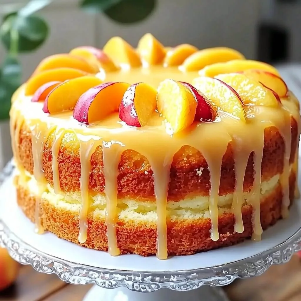 Angled shot of a homemade peach cake with a smooth caramel drip glaze and fresh peach wedges on top.