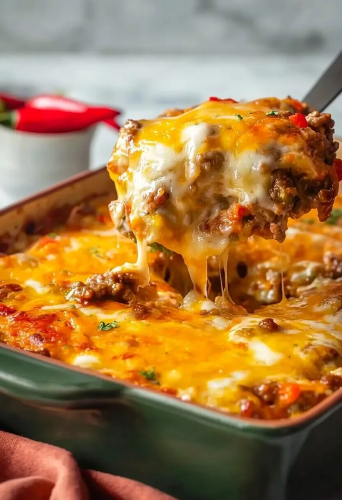 A metal spatula lifting a scoop of ground beef bell pepper bake from a green casserole dish, showcasing a long cheese pull.