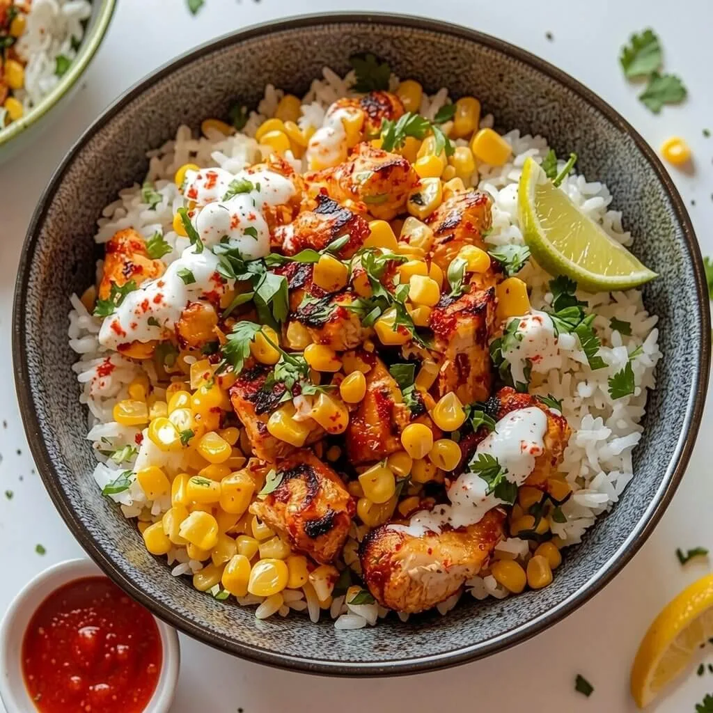 An angled food photography shot of a healthy fiesta chicken and rice bowl garnished with cilantro and a side cup of red salsa.