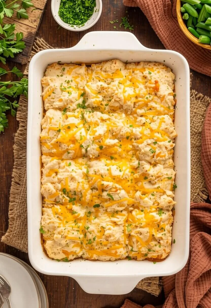 Overhead top down view of a rectangular white baking dish filled with a baked ground beef cottage pie showing a golden browned potato crust.