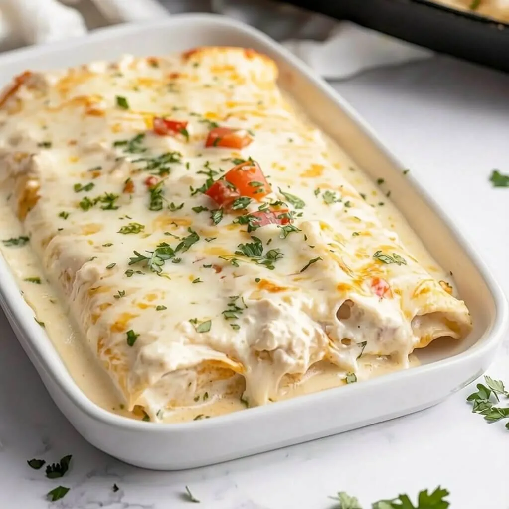 A white rectangular platter filled with creamy sour cream chicken enchiladas topped with melted cheese, diced tomatoes, and fresh herbs.