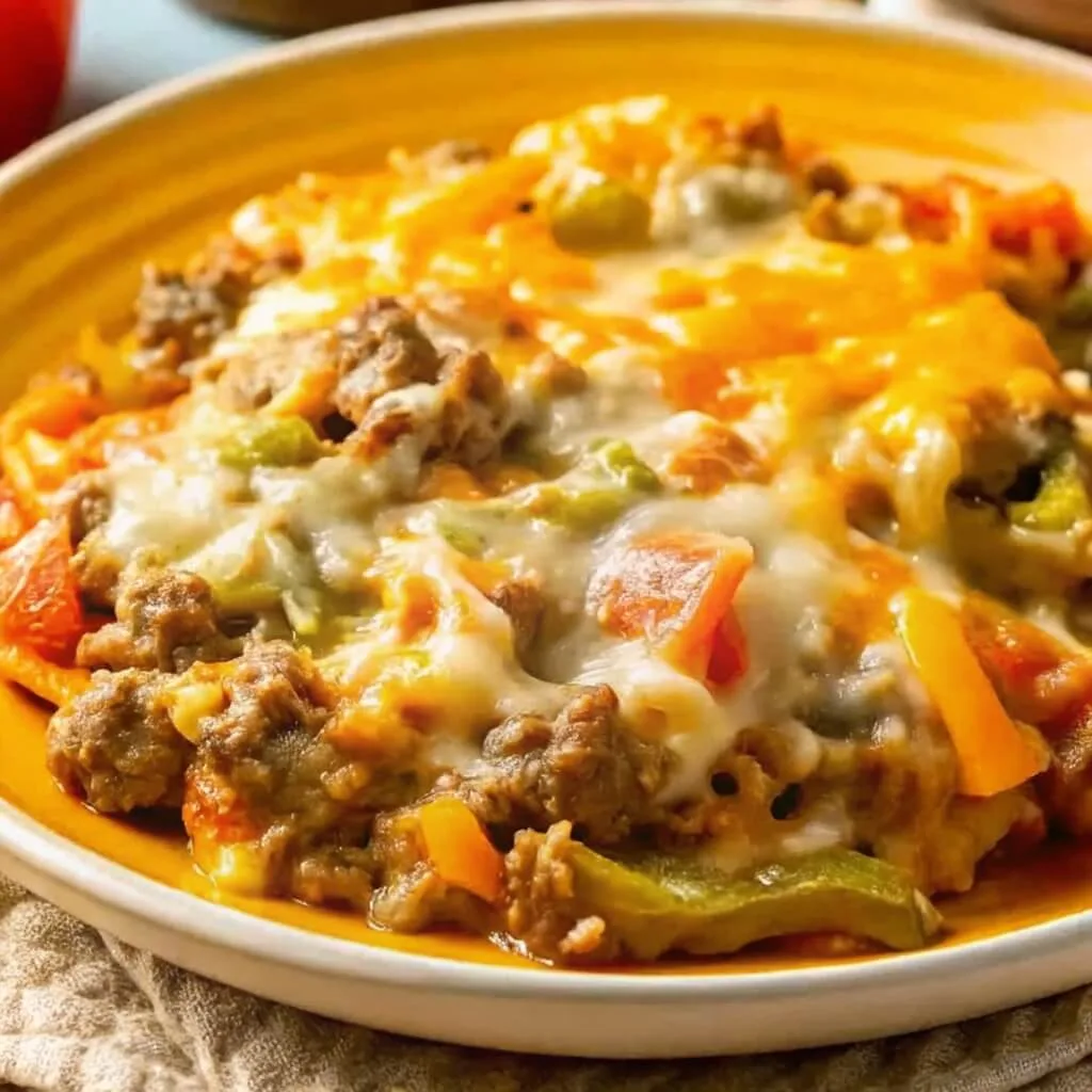 A single serving of a cheesy ground beef and green bell pepper bake on a yellow ceramic plate.