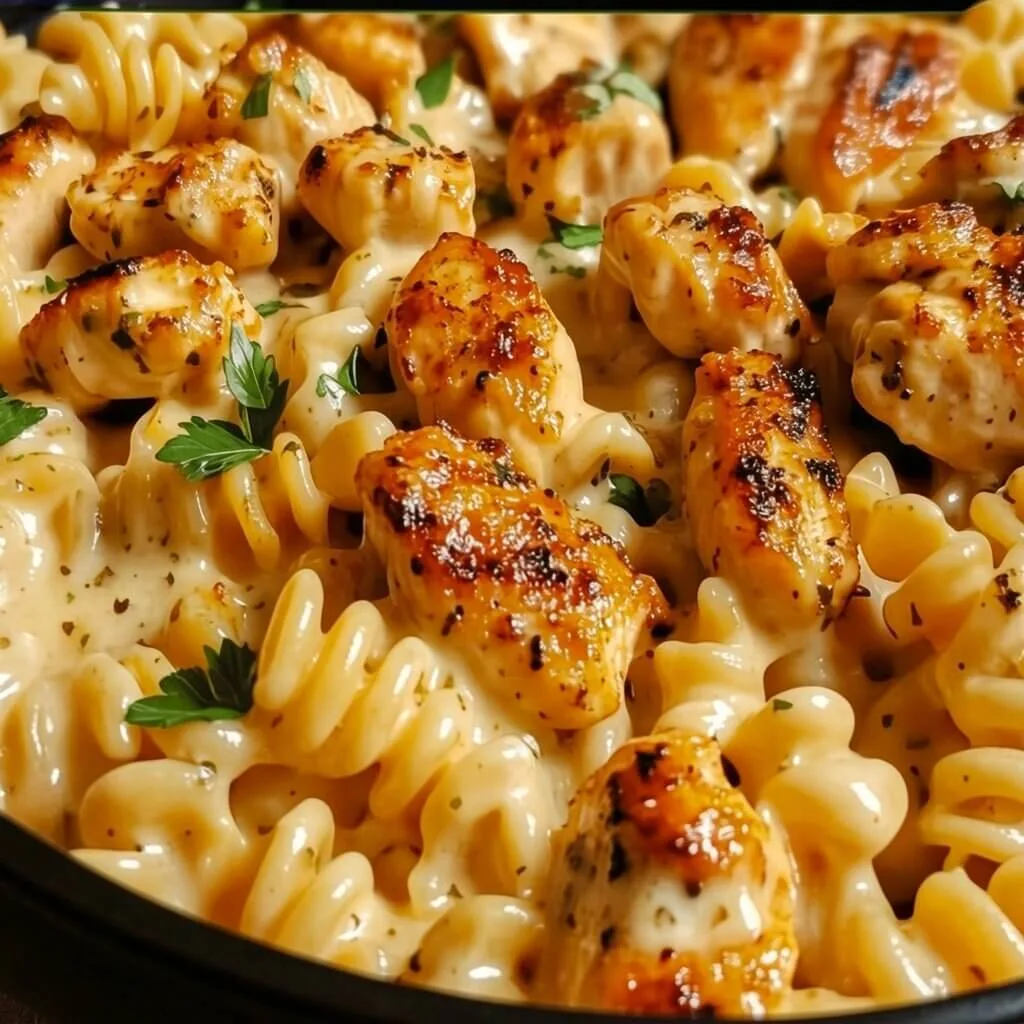 A white bowl filled with creamy ranch chicken pasta skillet topped with a seared chicken breast filet and fresh herbs.