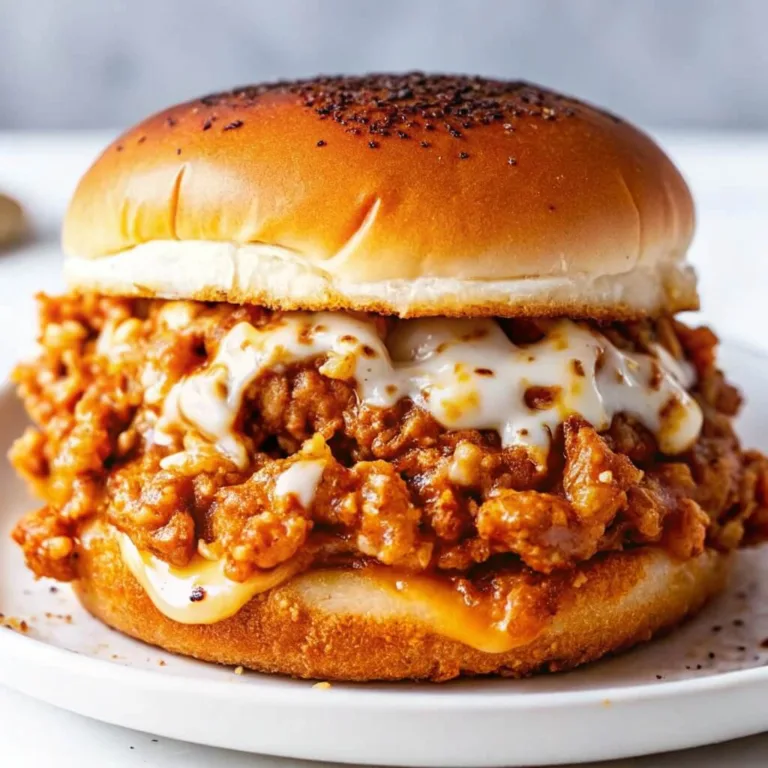 A fried chicken burger on a toasted bun topped with melted white cheese and savory sauce on a white plate.