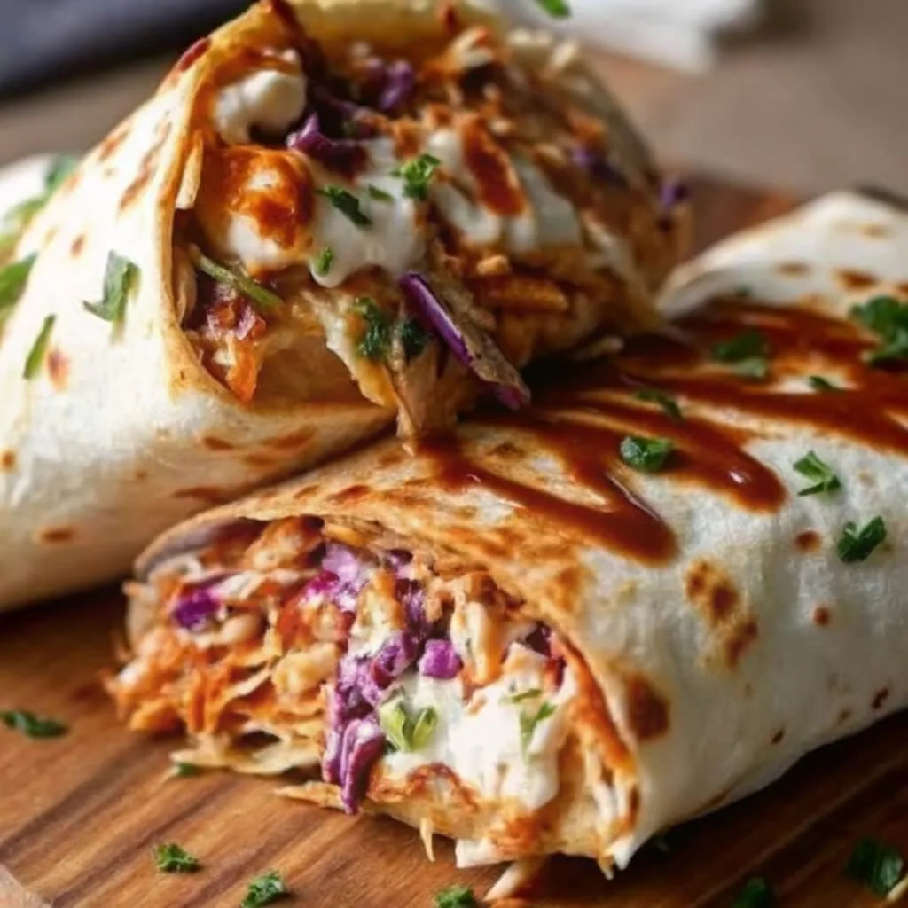 Two halved BBQ chicken burritos drizzled with extra barbecue sauce and creamy ranch on a wooden cutting board.