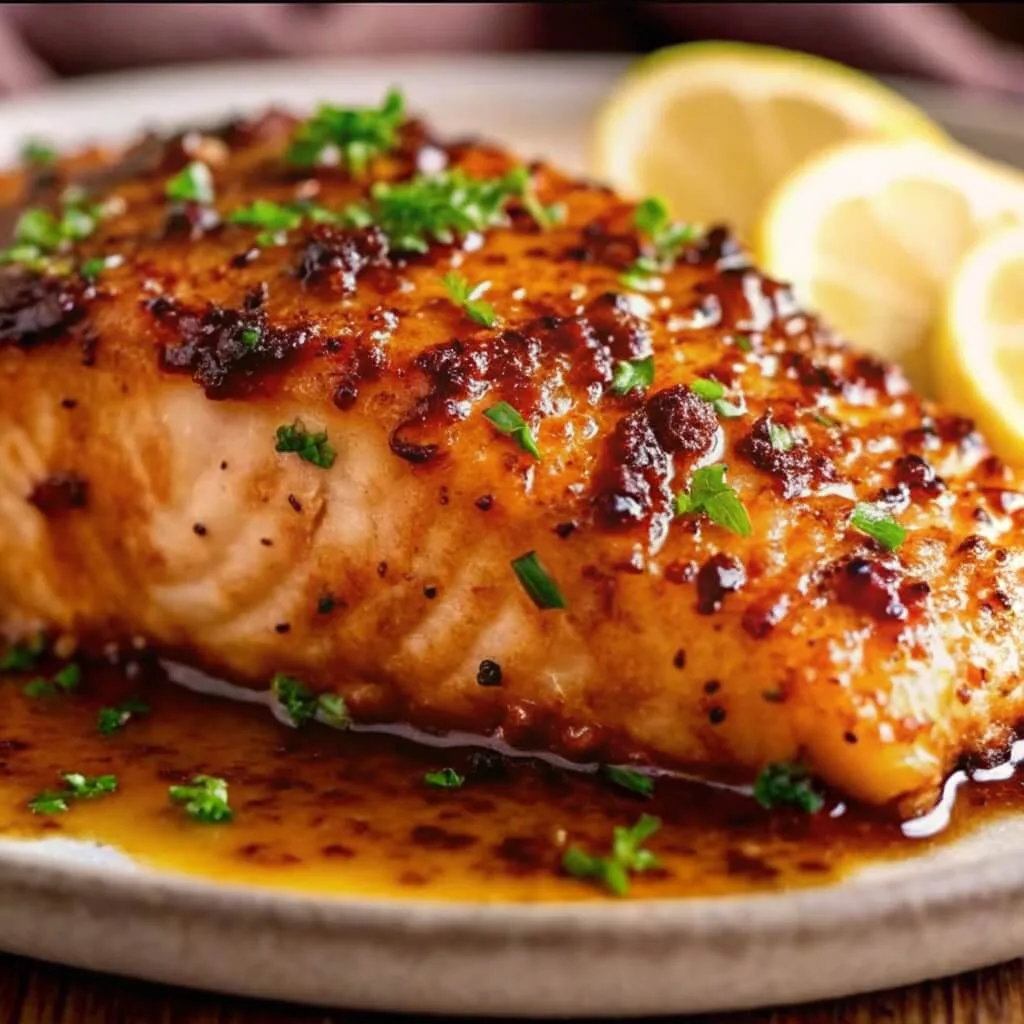 Close-up of a pan-seared salmon fillet glazed in a savory honey garlic sauce and topped with fresh green herbs and lemon slices.