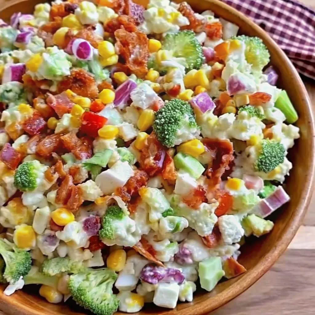 A large wooden bowl filled with a fresh broccoli salad topped with bacon and red onion, served on a rustic wooden table.