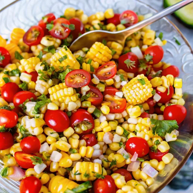 Close-up of a glass bowl containing a zesty corn salsa with grilled corn chunks, tomatoes, and red onion.