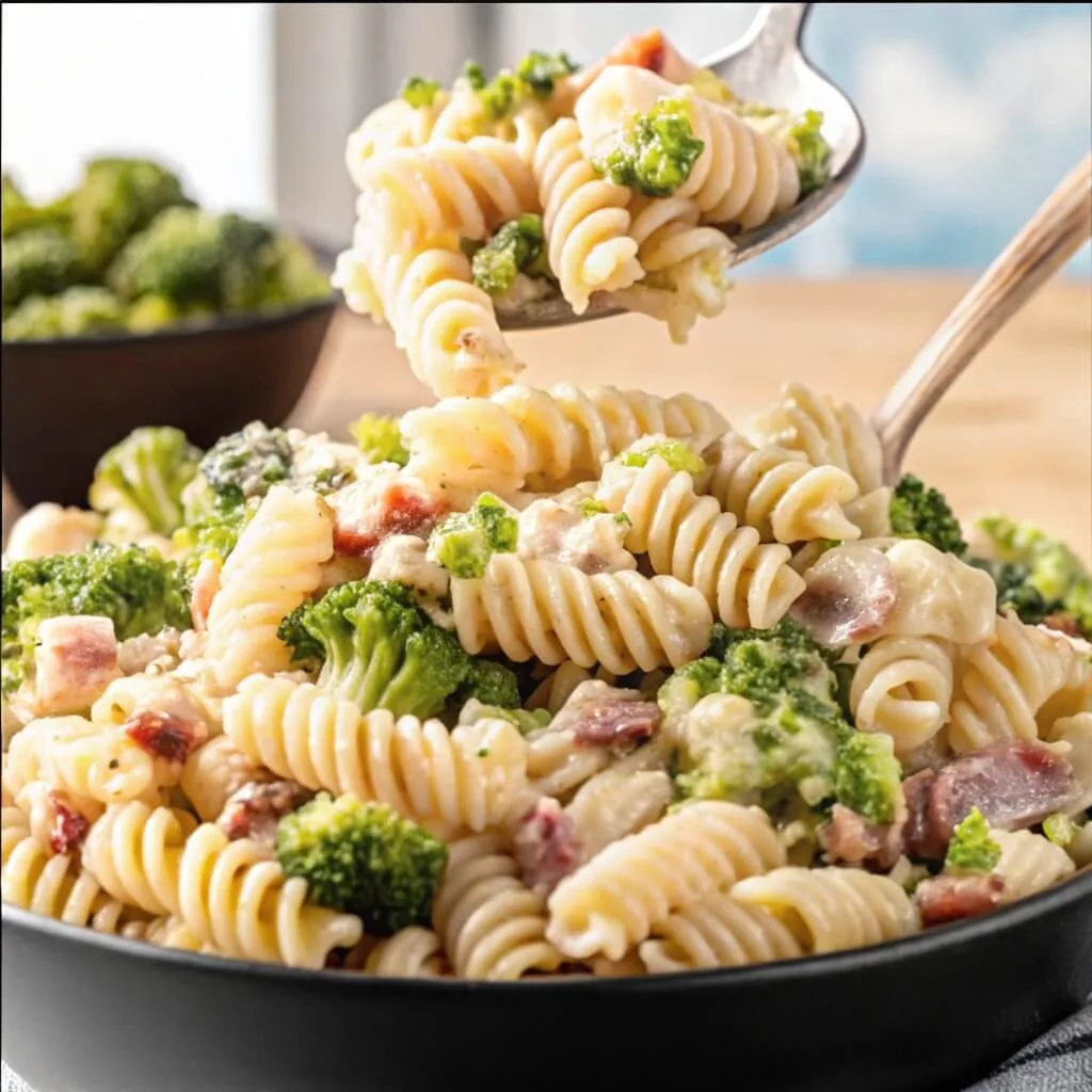 A silver spoon lifting a serving of creamy rotini pasta with broccoli and bacon from a large black bowl.
