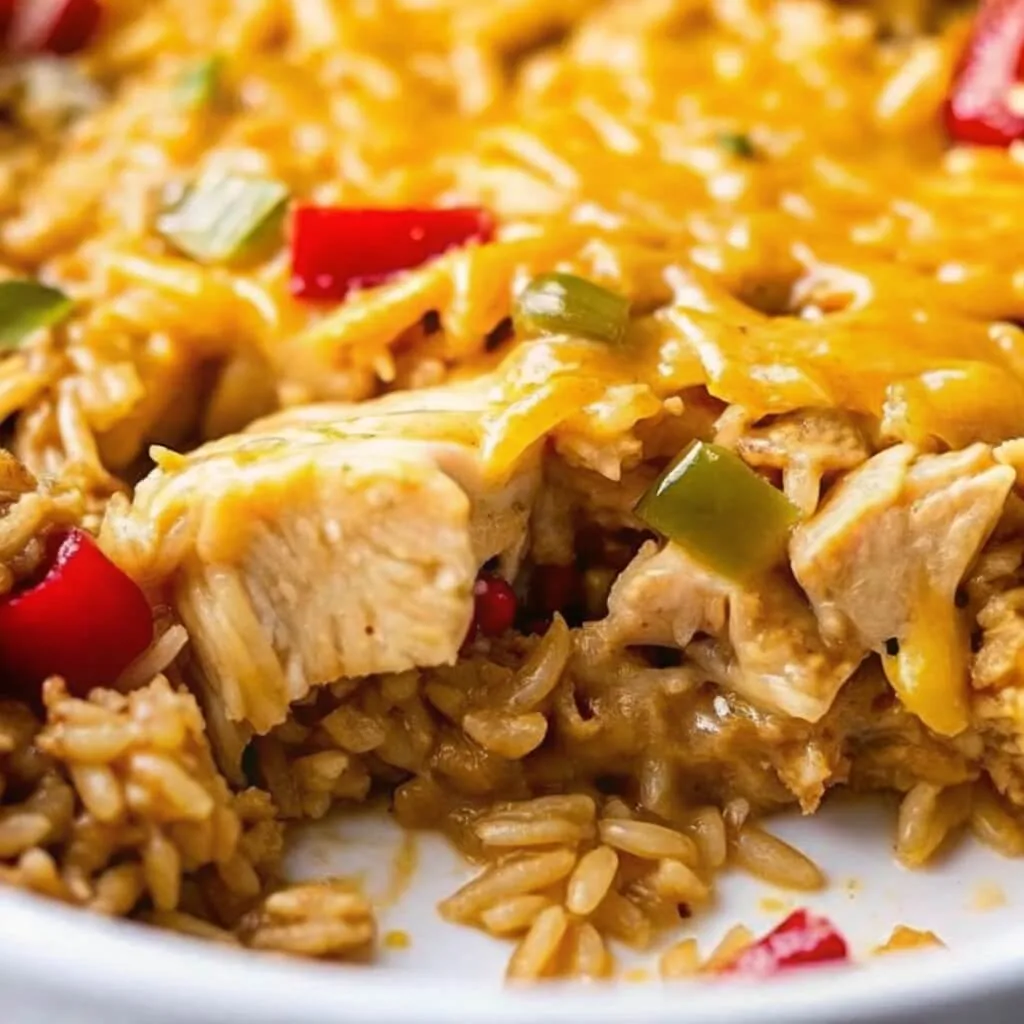 A detailed cross-section of a chicken and rice bake showing fluffy rice, tender chicken breast chunks, and a thick melted cheese topping.