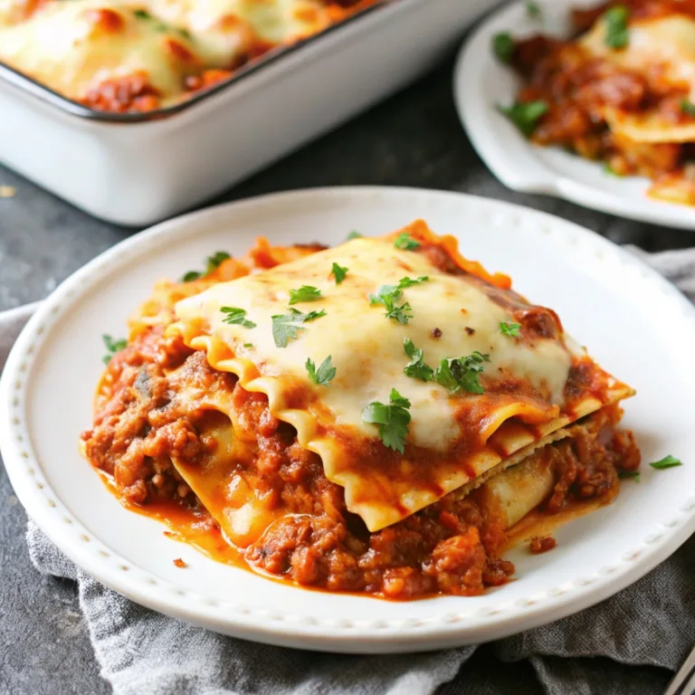 A square slice of layered meat lasagna served on a white plate, garnished with fresh parsley on a grey stone background.