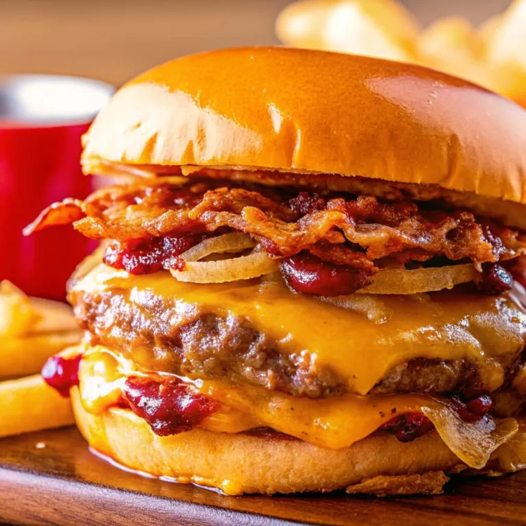 An extreme close-up of a double cheeseburger showing layers of melted cheese, crispy bacon, and sauteed onions.