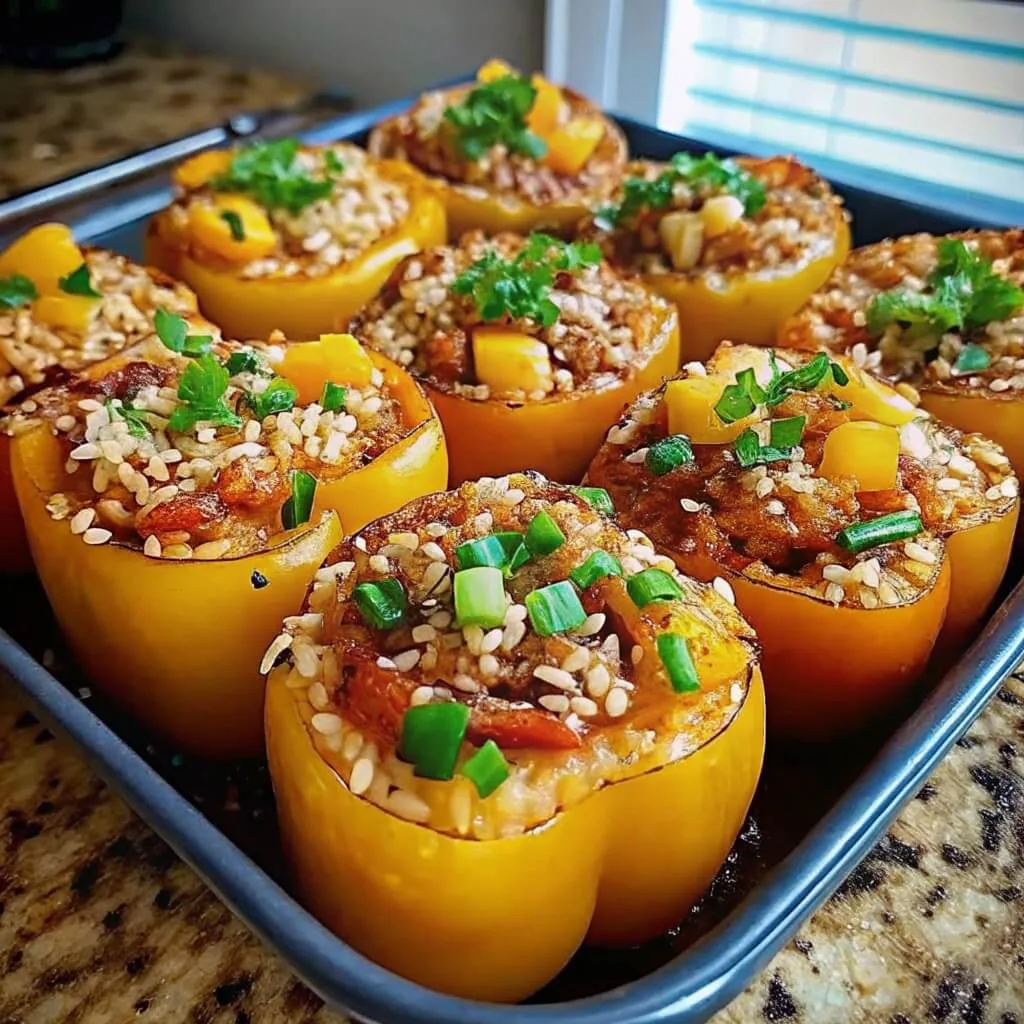 A tray of baked yellow bell peppers stuffed with a savory rice and vegetable filling, topped with sesame seeds and fresh green onions.