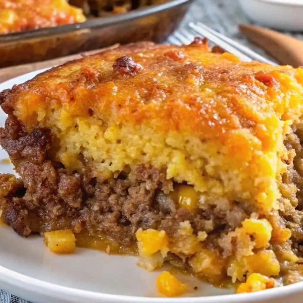 A square slice of tamale pie casserole on a white plate showing layers of fluffy cornbread topping and seasoned ground beef with corn.