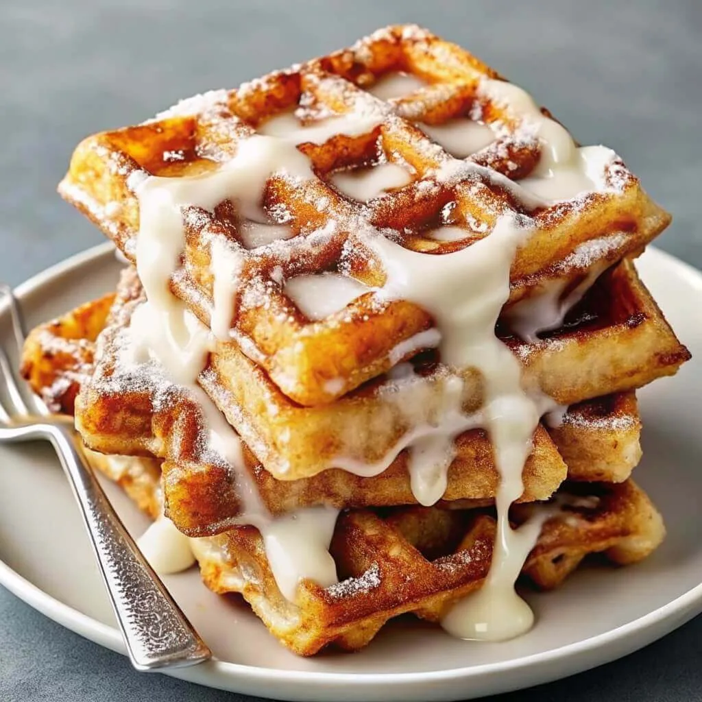 A tall stack of four square Belgian-style waffles heavily drizzled with white icing and dusted with powdered sugar.