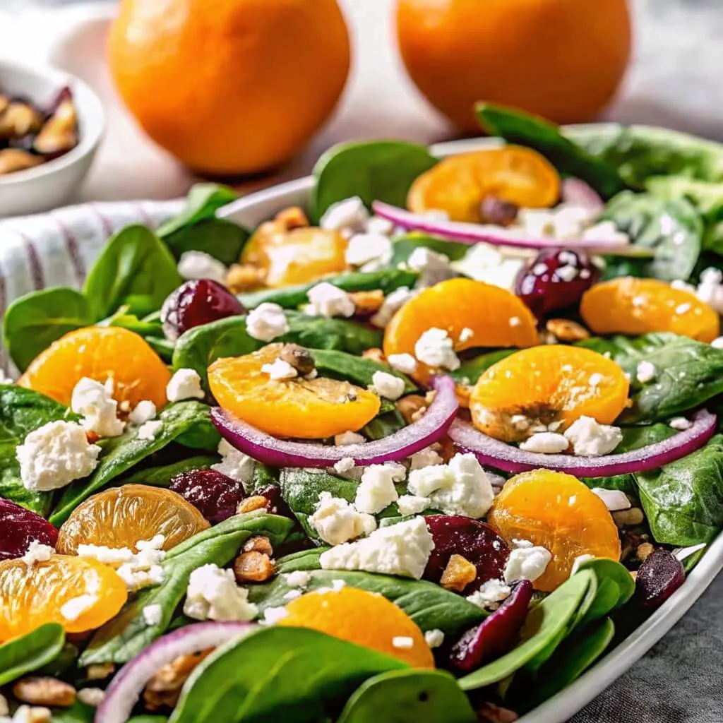 A detailed close-up shot of a spinach salad showing juicy mandarin oranges, red onions, and feta cheese in a white bowl.