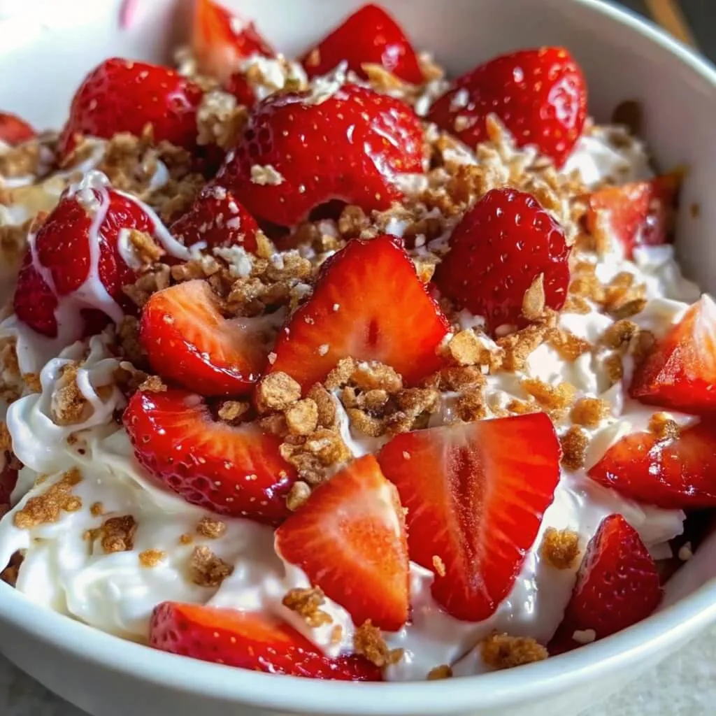 A close-up view of a bowl of sliced strawberries and whipped cream topped with crushed nuts or granola.