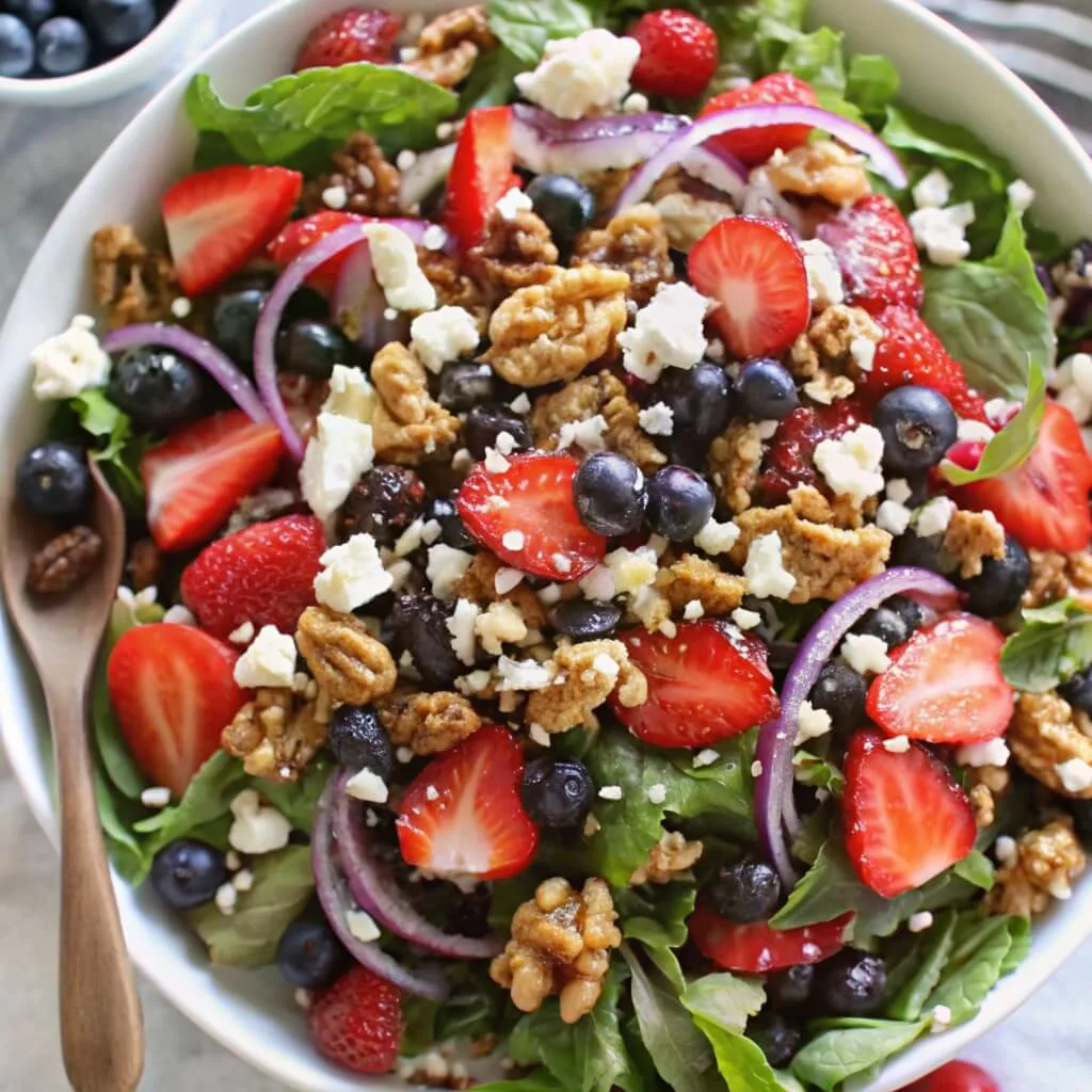Top-down view of a healthy spinach salad bowl topped with juicy strawberry halves, blueberries, red onions, walnuts, and feta.