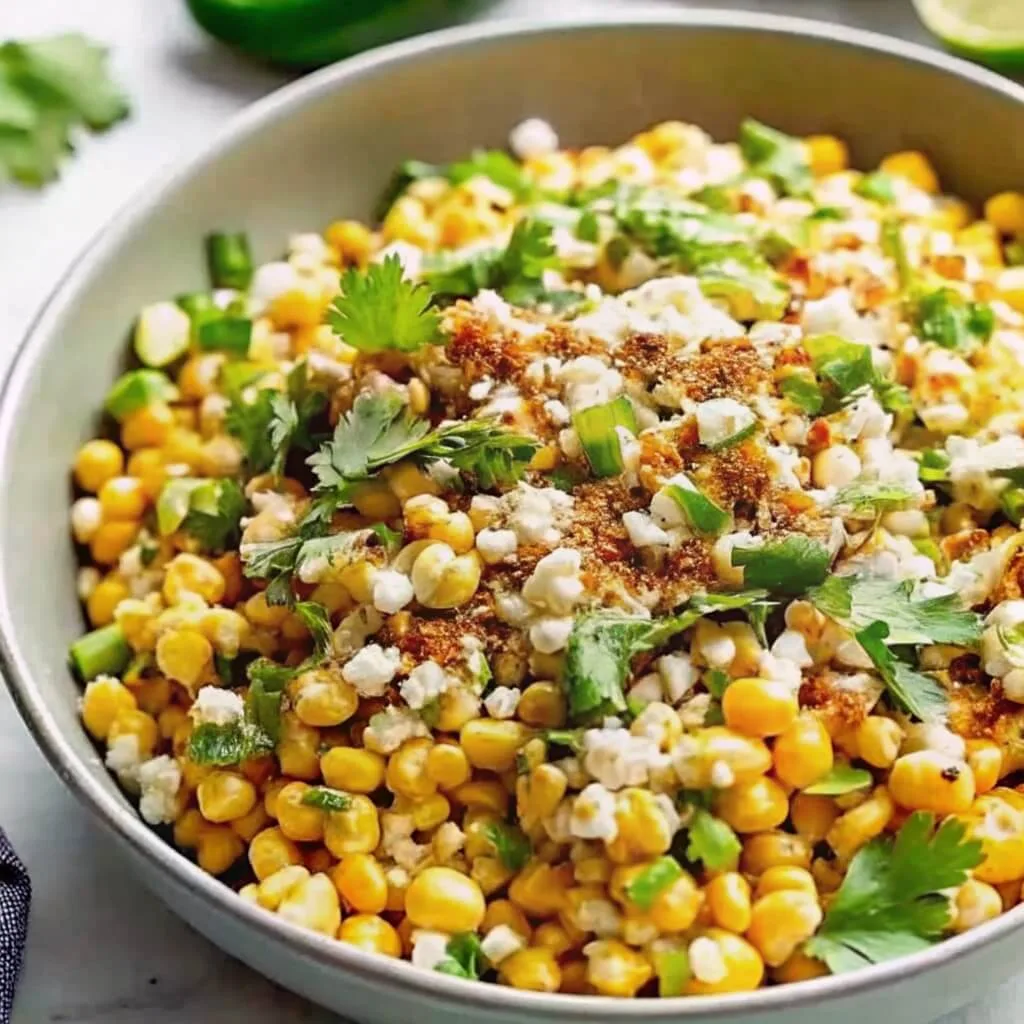 A large grey ceramic bowl overflowing with healthy Mexican street corn salad garnished with fresh herbs and lime wedges.
