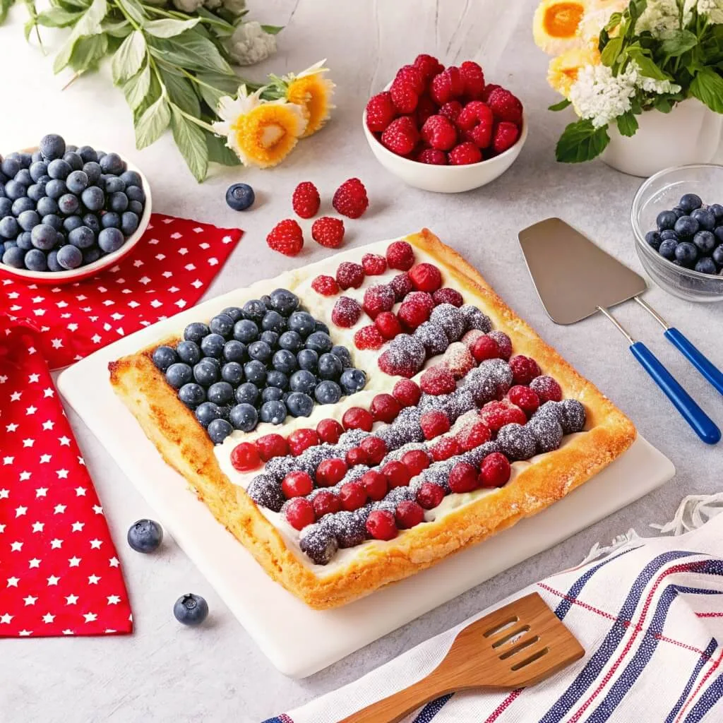 A square slice of berry tart on a white plate, showing the flaky layers of the crust and the cream filling topped with fresh fruit.