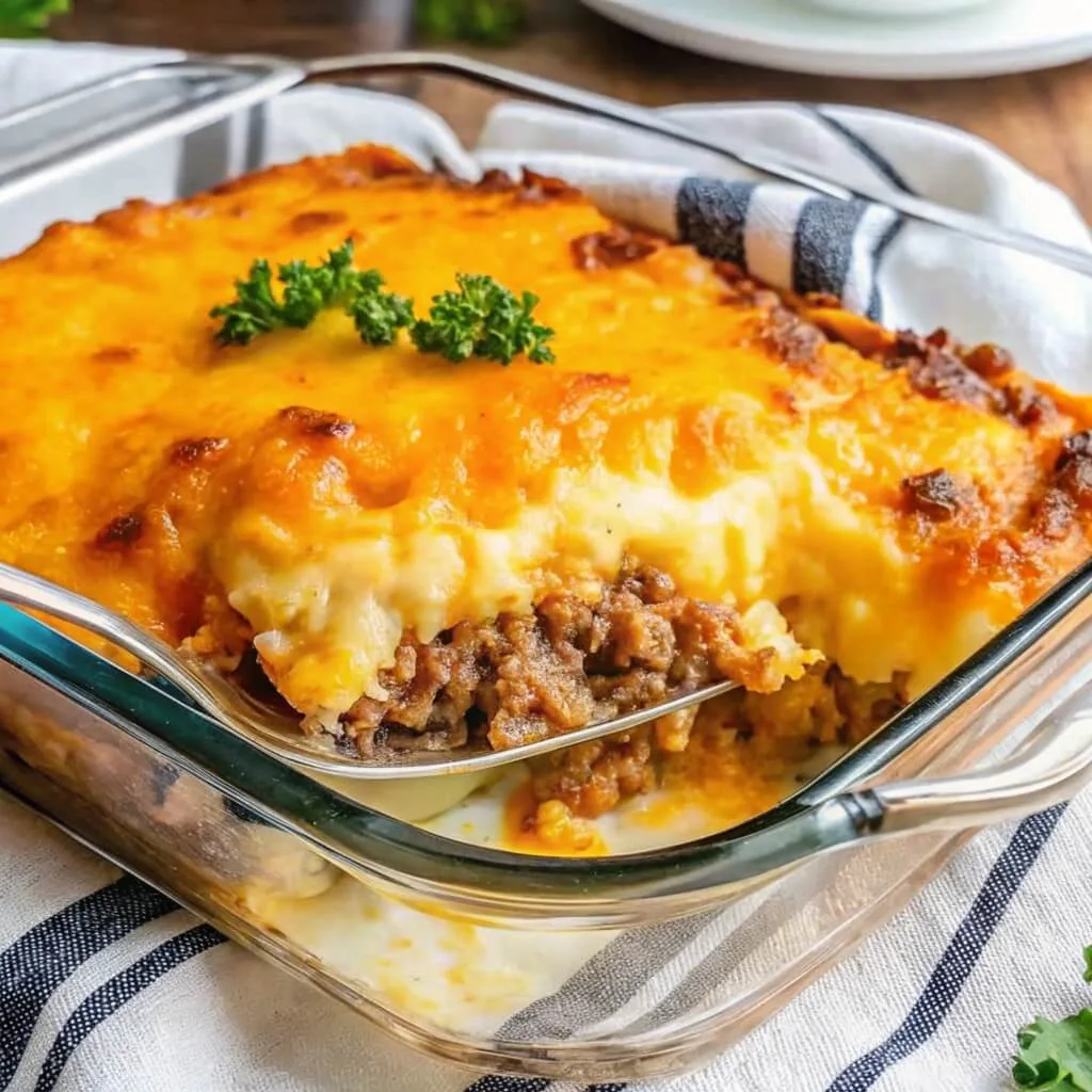 A side view of a square glass baking dish containing a layered beef and potato casserole, with a large serving being scooped out to show the creamy texture and melted cheese.