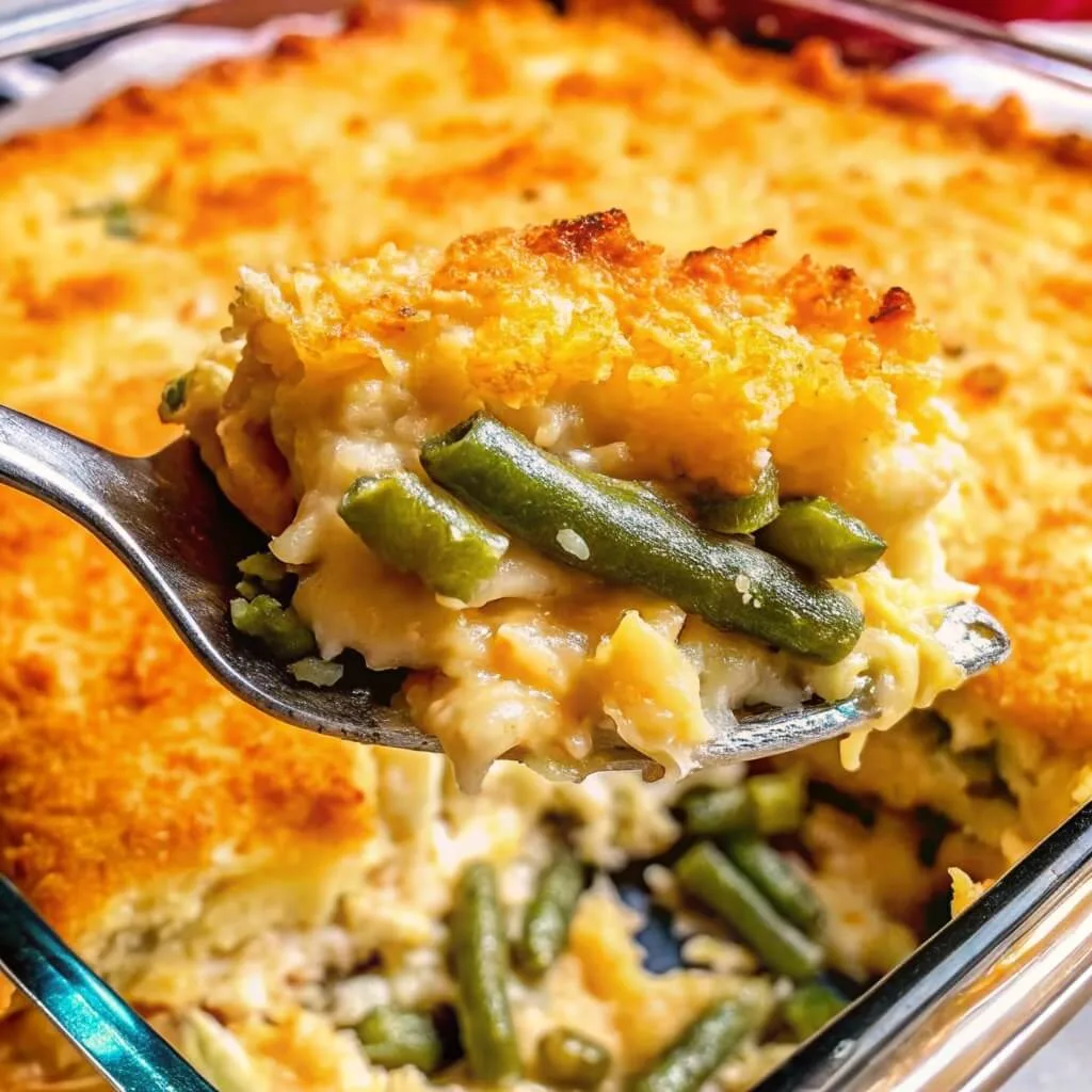 A detailed view of a spoonful of green bean casserole featuring a crunchy panko topping and tender green beans in a creamy white sauce.