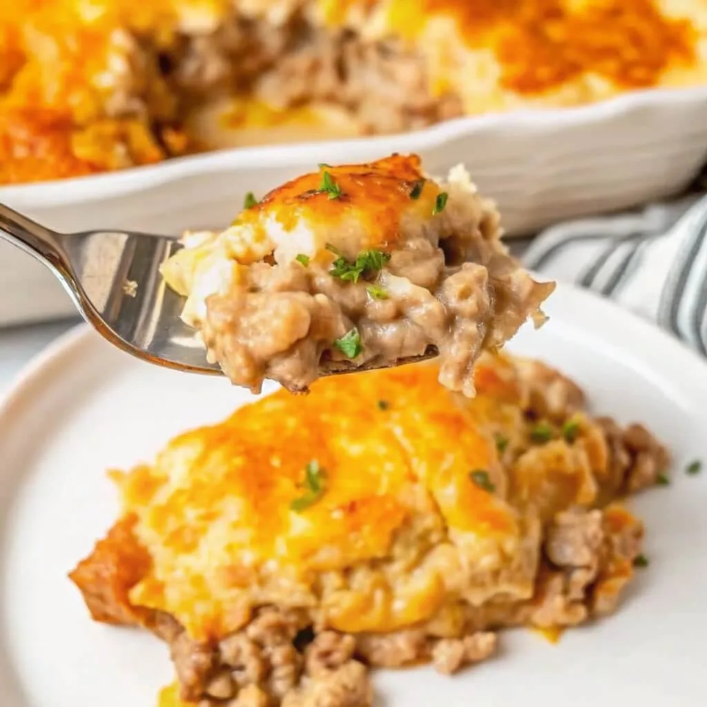 A close-up of a fork holding a bite of cheesy ground beef casserole with a creamy potato topping and fresh herbs.