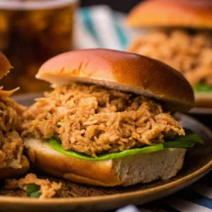 A macro view of a shredded chicken sandwich on a toasted bun with a green lettuce garnish.