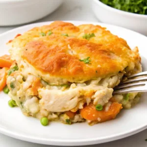A close-up of a plated portion of chicken cobbler showing creamy chicken, peas, and carrots beneath a thick, golden biscuit topping.