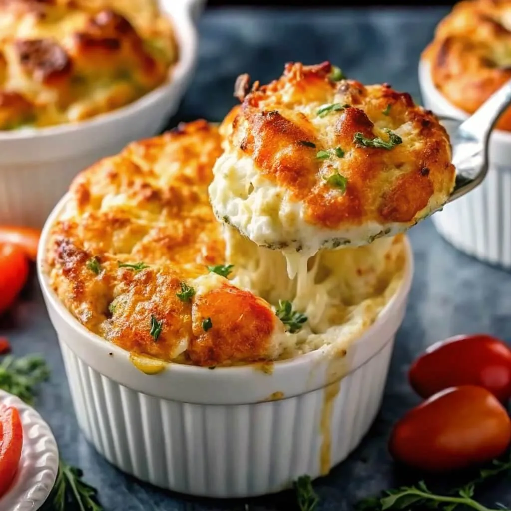 A spoonful of cheesy chicken cobbler being lifted from a white ramekin, showing a stringy melted cheese pull and golden-brown crust.