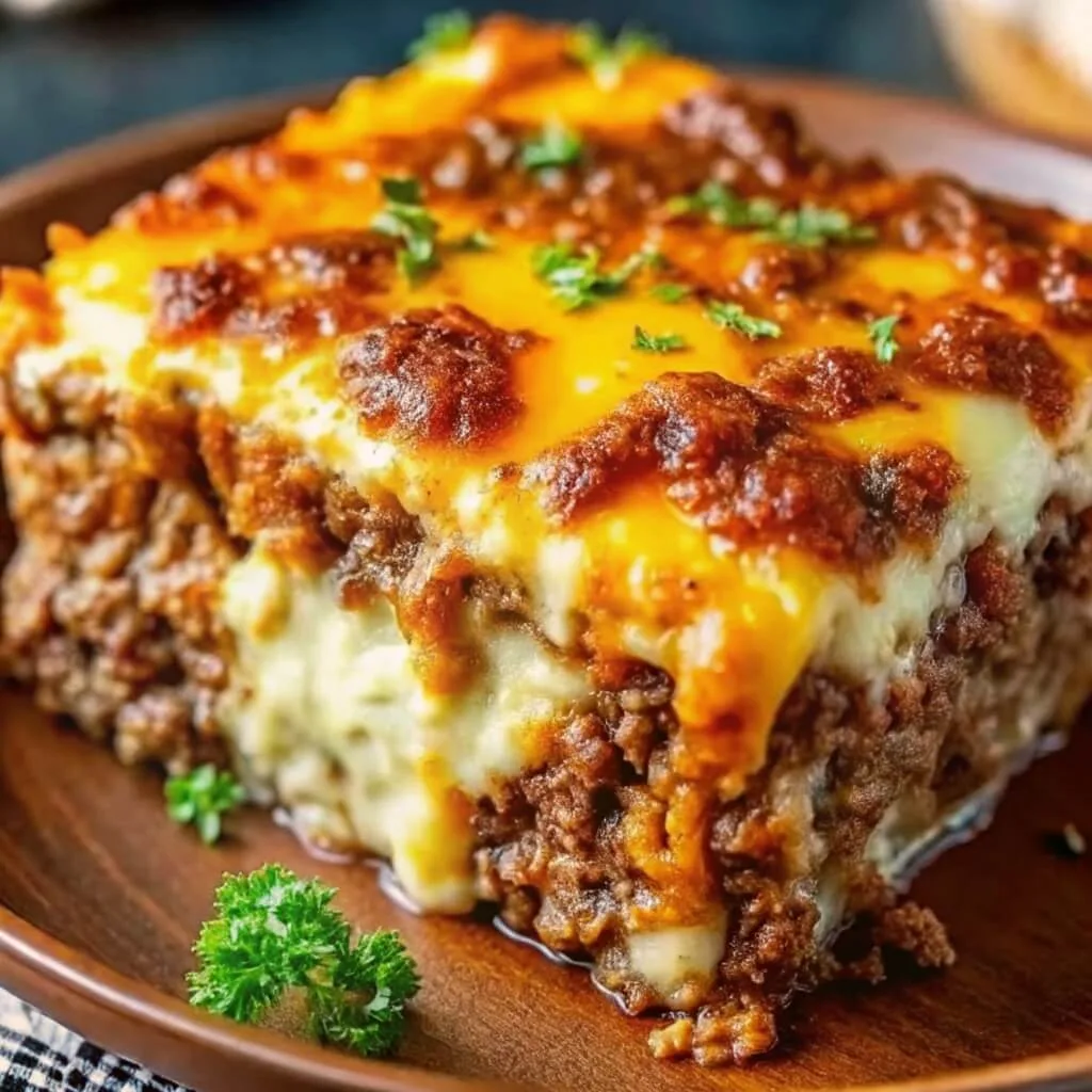 A close-up shot of a thick slice of cheeseburger pizza being served, showing melted cheese, pickles, and shredded lettuce.