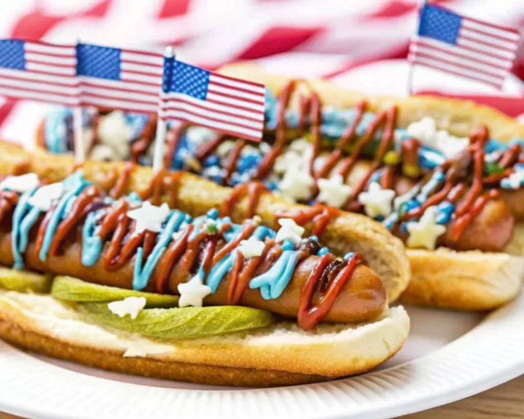 Several patriotic fruit skewers arranged diagonally on a white platter sitting over a wooden table and a dark blue cloth.